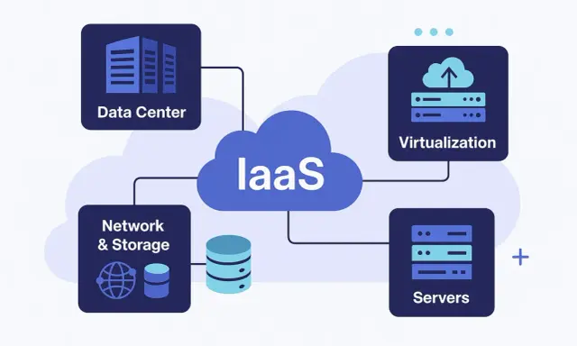 Diagramme illustrant l'IaaS : centre de données, réseau, stockage, virtualisation et serveurs. Un serveur internet est au cœur de ce système.