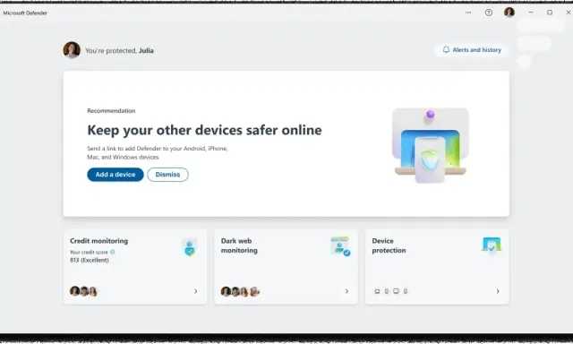 Interface de Microsoft Defender pour edr windows, avec une recommandation pour sécuriser d'autres appareils et des options de surveillance.