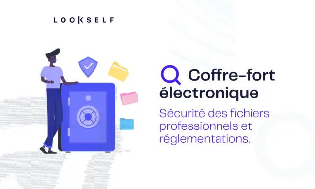 Un homme se tient près d'un coffre-fort électronique, symbole de sécurité pour les fichiers professionnels et réglementations.