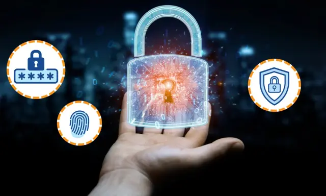 Main : Une main tient un cadenas numérique symbolisant la sécurité. Des icônes de mot de passe, d'empreinte digitale et de bouclier illustrent l'authentification MFA.