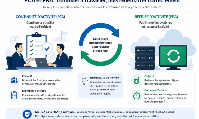 Illustration expliquant la résilience en cybersécurité avec les plans PCA et PRA pour assurer la continuité et la reprise d'activité.