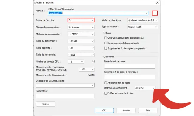 Fenêtre d'ajout d'archive 7z, montrant les options de compression et de chiffrement. L'avantage format archive 7z est sa flexibilité.