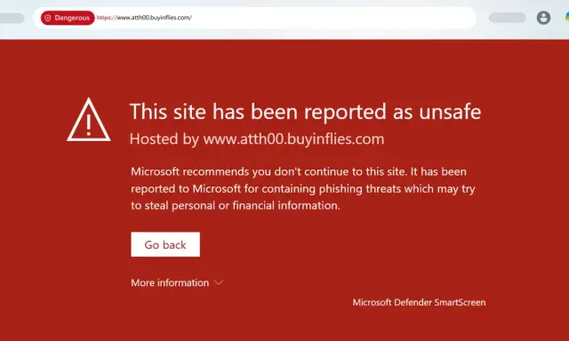 Alerte Microsoft Defender SmartScreen : ce site est dangereux et signalé comme non sûr, potentiellement pour du phishing.