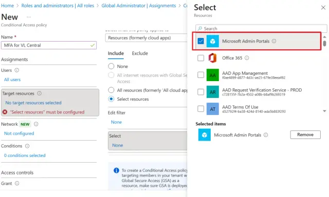 Configuration d'une stratégie d'accès conditionnel pour rendre le **Microsoft MFA obligatoire** pour les portails d'administration Microsoft.