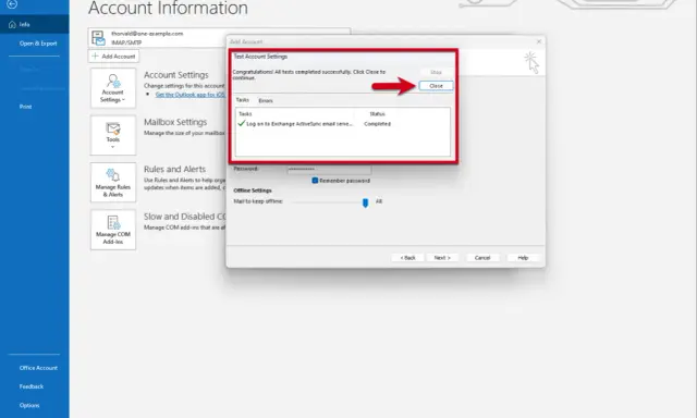 Configuration d'un compte de messagerie, type IBM Notes Mail, réussie dans Outlook. Le test de connexion est terminé.
