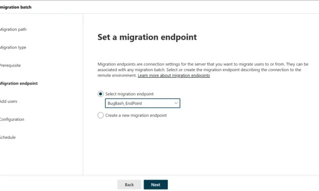 Configuration de l'endpoint pour la migration imap vers Office 365. Choix entre un endpoint existant ou la création d'un nouveau.