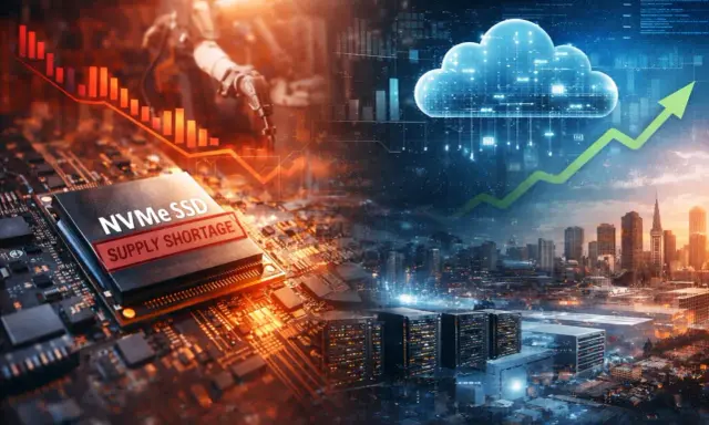 Un composant de stockage flash NVMe SSD avec "SUPPLY SHORTAGE" est superposé à une ville futuriste et un nuage symbolisant le cloud.