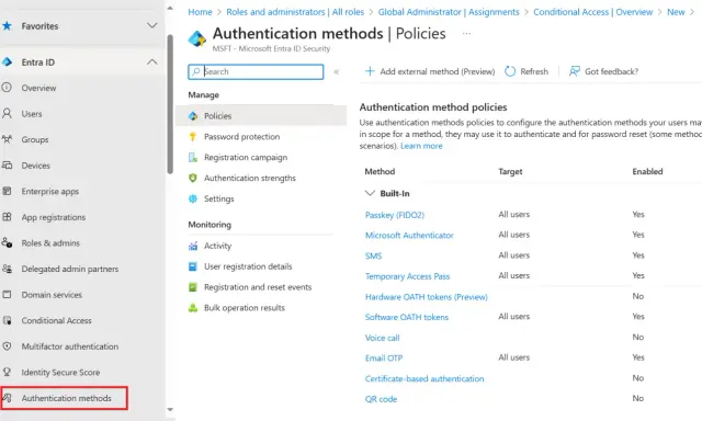 Interface Microsoft Entra ID pour configurer les méthodes d'authentification, y compris le MFA.