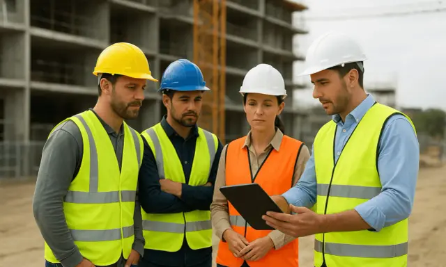 Équipe d'ingénieurs discutant sur un ged chantier, casques et gilets de sécurité, tablette à la main.