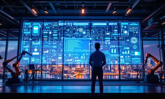 Un homme observe un écran futuriste affichant des schémas complexes et des données financières, symbolisant l'automatisation des processus robotisés (RPA) dans la finance.
