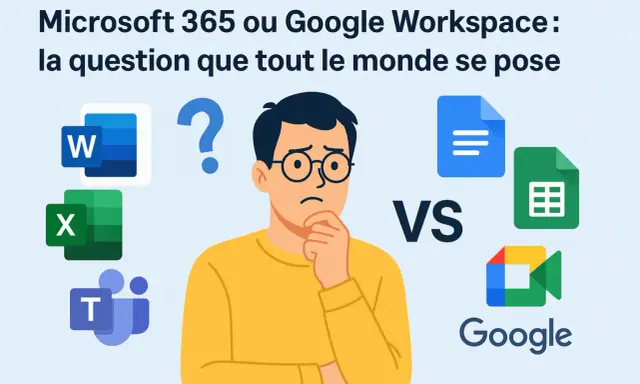 Un homme perplexe face aux logos de Microsoft 365 (Word, Excel, Teams) et Google Workspace (Docs, Sheets, Meet). Microsoft shared c'est quoi ?
