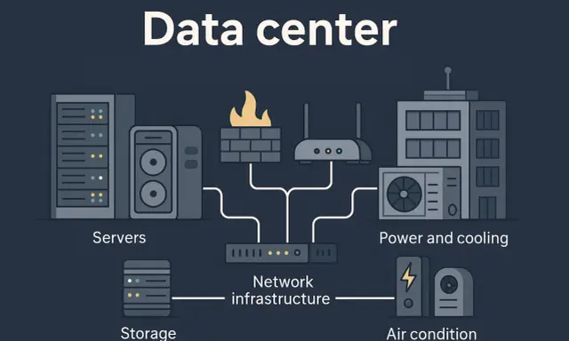 Schéma expliquant ce qu'est un data center : serveurs, stockage, infrastructure réseau, alimentation, refroidissement et climatisation.