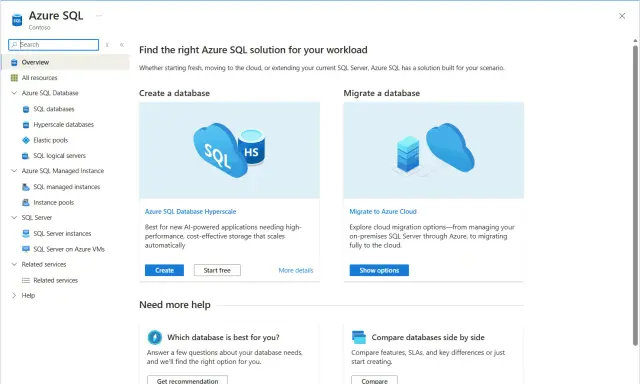 Tableau de bord Azure SQL. Créez ou migrez des bases de données SQL vers le cloud.