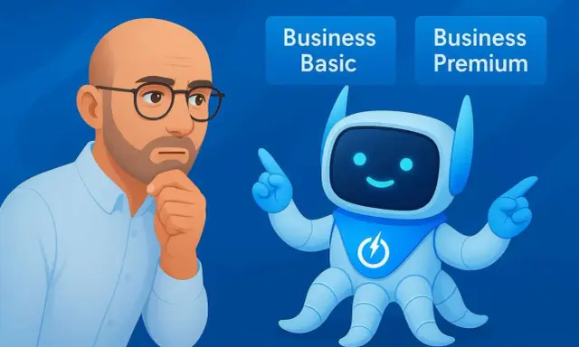 Un homme réfléchit, un robot amical pointe vers "Business Premium" et "Business Basic", suggérant des options pour Office 365.