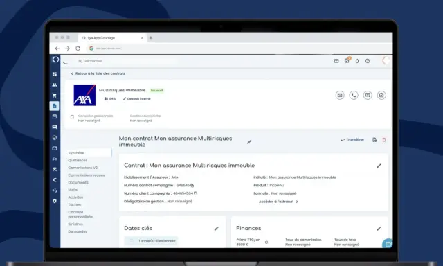 Interface d'une application de courtage en assurance, affichant les détails d'un contrat multirisques immeuble AXA. Gestion des sinistres et des finances pour une meilleure expérience ged assurance.