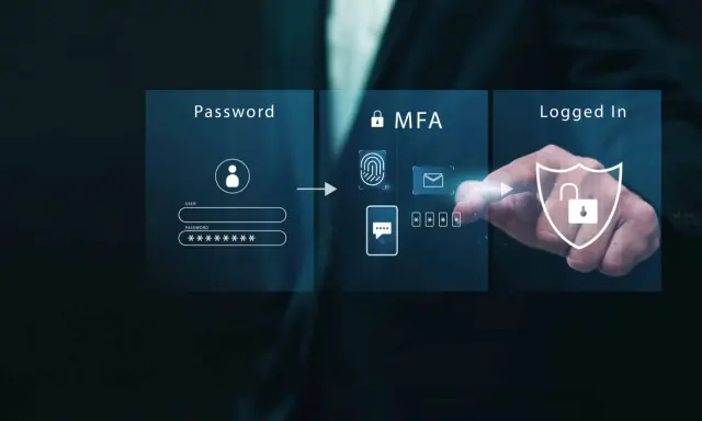Schéma de connexion : mot de passe, puis vérification MFA (empreinte digitale, email, code), et enfin accès sécurisé.