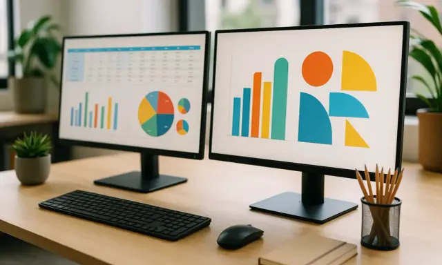 Bureau avec deux écrans affichant des graphiques. Un ordinateur avec Windows VM en ligne pour analyser les données.