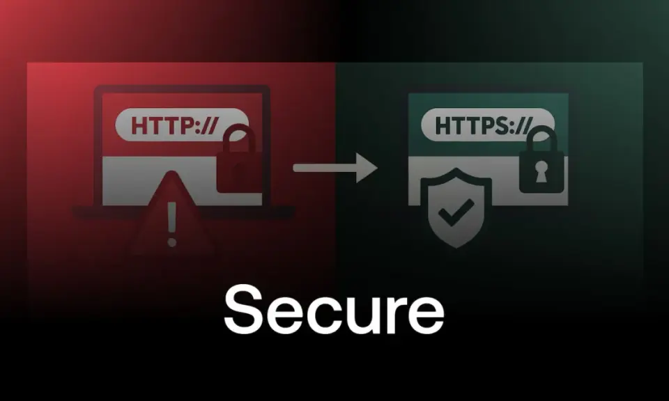 Transition d'un site HTTP non sécurisé vers HTTPS, symbolisant un audit sécurité web réussi. Icônes de cadenas, bouclier et alerte.
