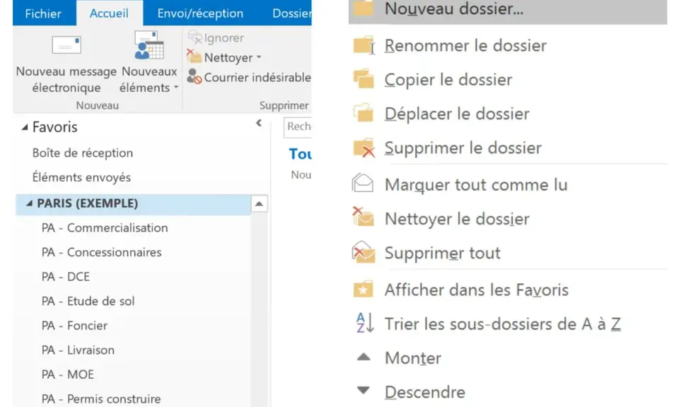 Interface d'un logiciel de messagerie montrant comment classer ses mails avec des dossiers et des options de gestion.