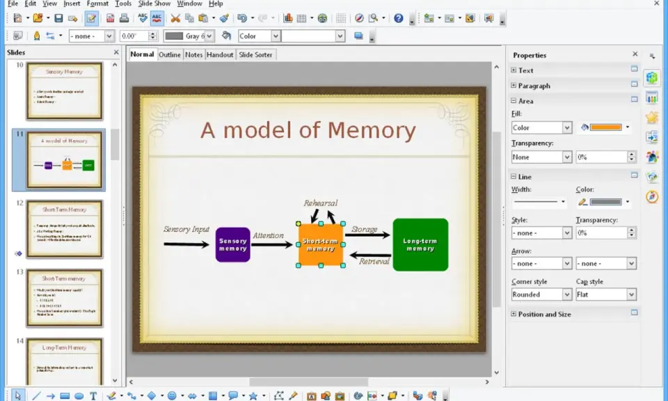 Un étudiant utilise OpenOffice Impress pour créer une présentation sur un modèle de mémoire, montrant les étapes de la mémoire sensorielle, à court terme et à long terme.