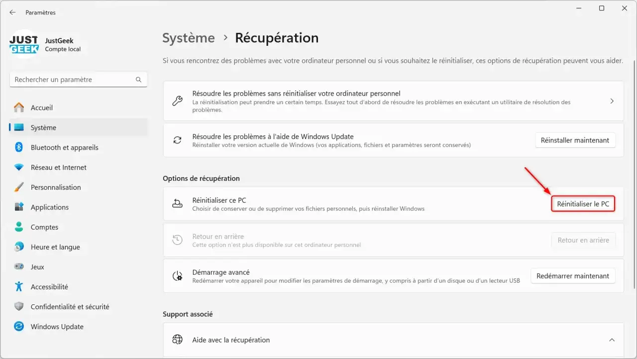 Interface de récupération de Windows 11, avec l'option "Réinitialiser le PC" mise en évidence pour une réinstallation.