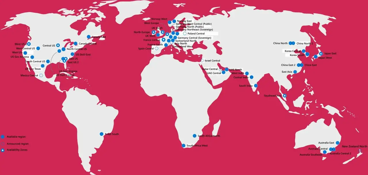 Carte du monde montrant les régions Azure disponibles, annoncées et les zones de disponibilité.