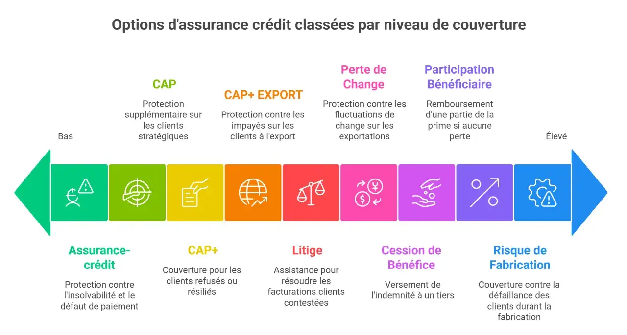 Schéma des options d'assurance crédit, de la protection de base à la couverture complète, incluant ged assurance pour divers risques.