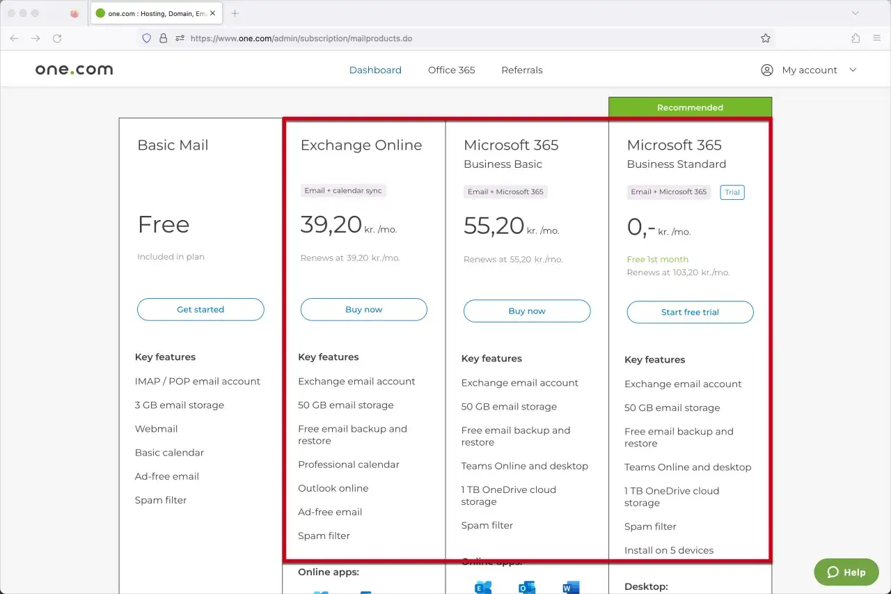 Comparatif des offres email : Basic Mail gratuit, Exchange Online à 39,20 kr./mois, et Microsoft 365 à partir de 0 kr. le 1er mois.