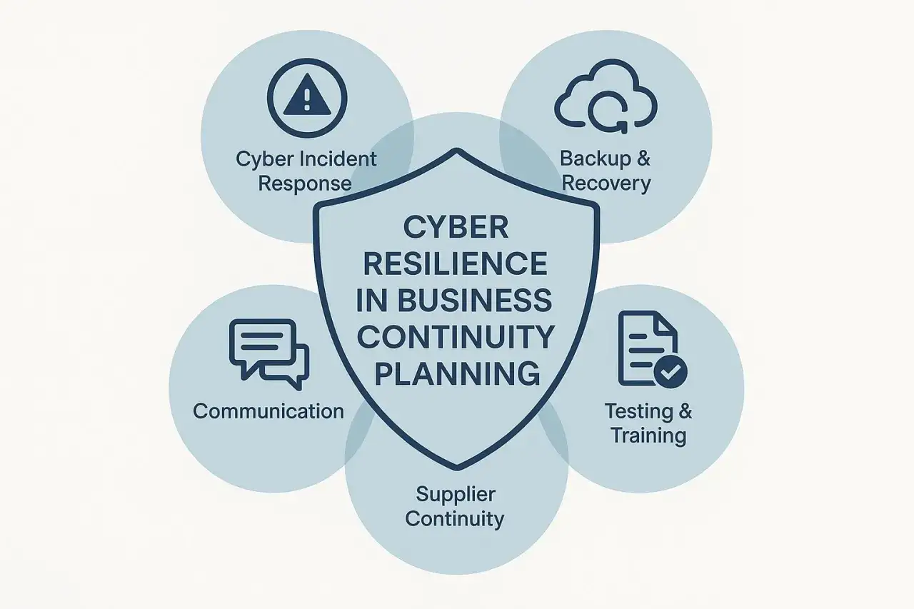 Sch&eacute;ma illustrant la r&eacute;silience cybers&eacute;curit&eacute; : r&eacute;ponse aux incidents, sauvegarde, communication, continuit&eacute; fournisseur, tests et formation.