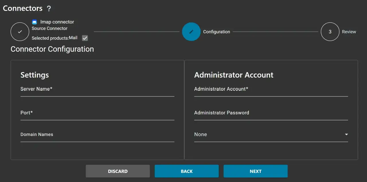Configuration du connecteur IMAP pour la migration vers Office 365. Paramètres du serveur, port, noms de domaine et compte administrateur.