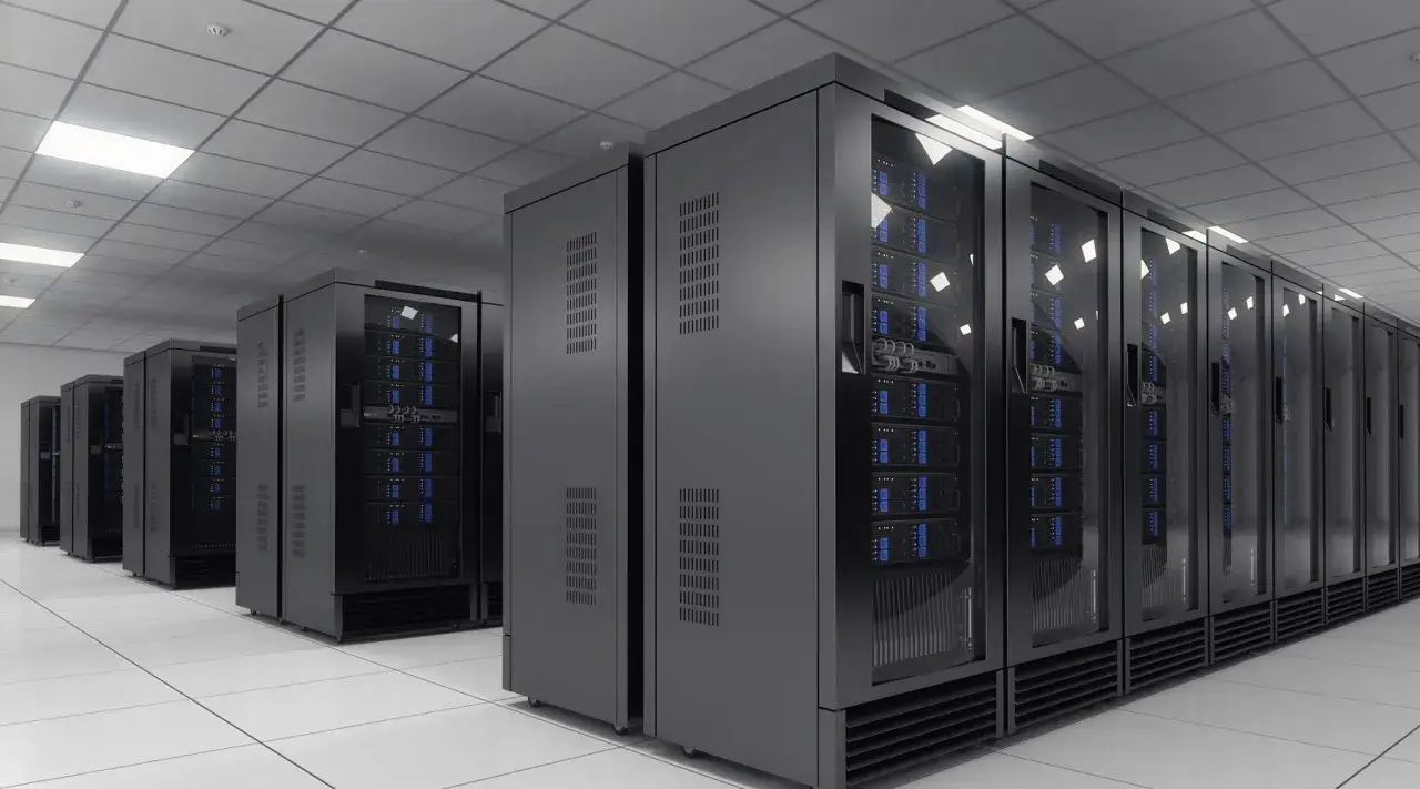 Rangées de serveurs dans un centre de données. C'est là que le cloud c'est quoi, une infrastructure informatique puissante.