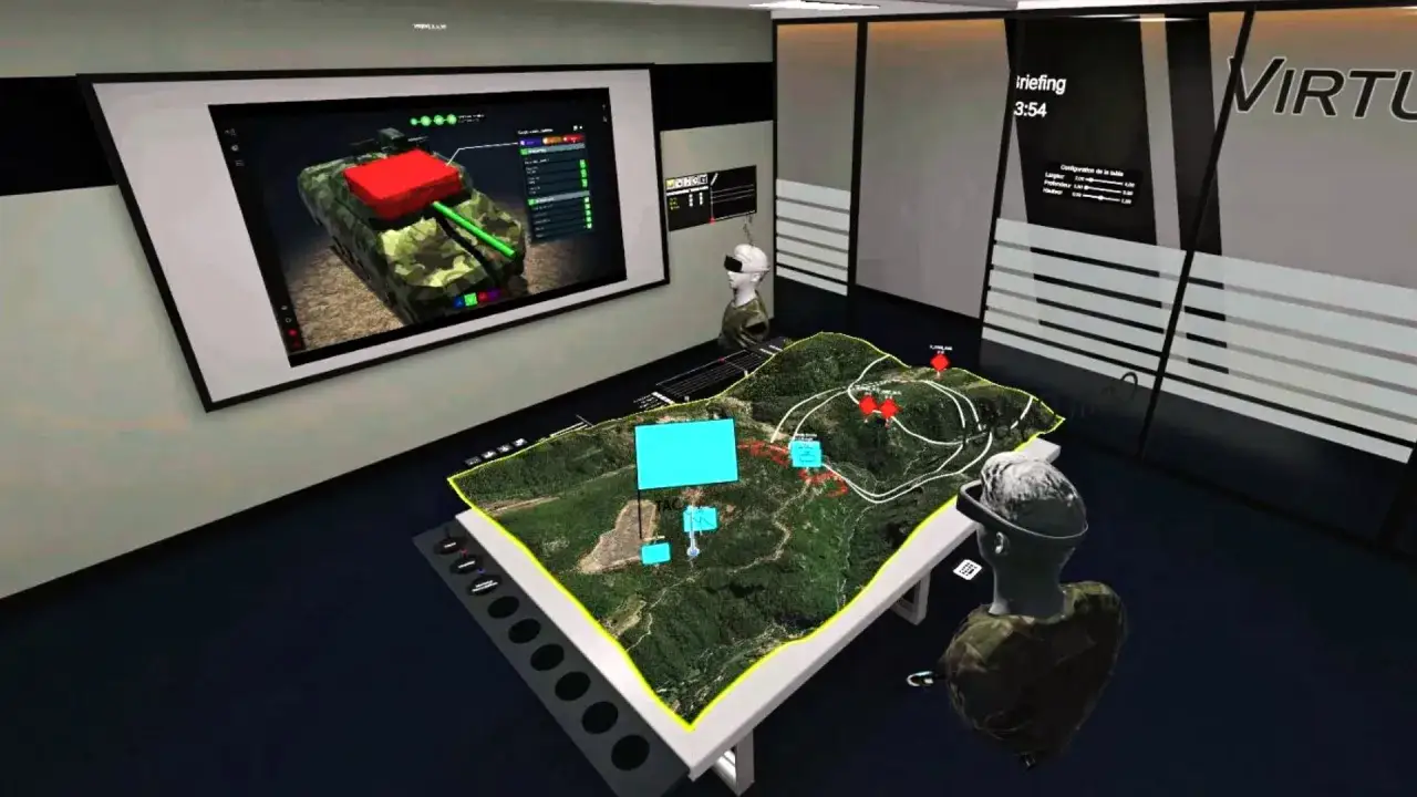Salle de briefing futuriste avec carte 3D et écran de simulation de char. Des opérateurs en VR renforcent la cyber résilience.
