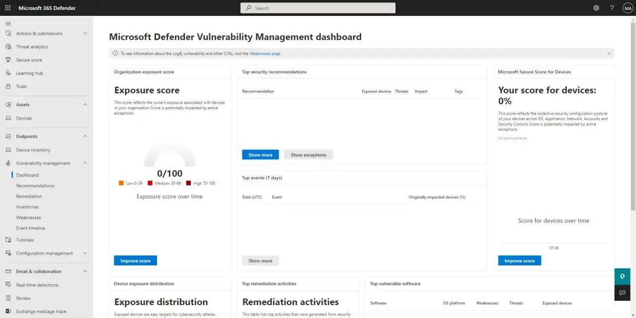 Tableau de bord de gestion des vuln&eacute;rabilit&eacute;s Microsoft Defender. Le score d'exposition des edr windows est de 0/100.