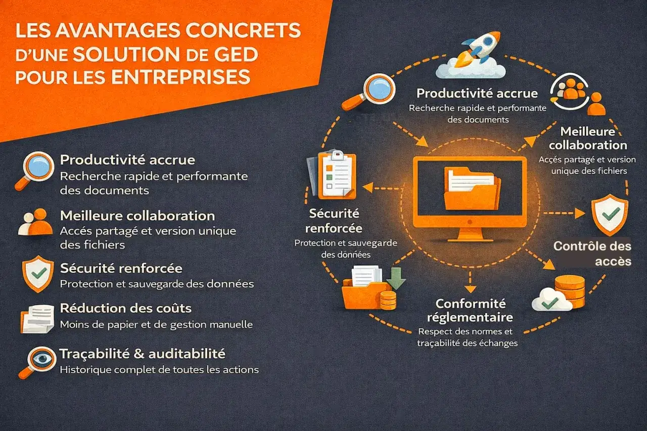 Schéma illustrant les avantages d'une solution GED pour les entreprises : productivité, collaboration, sécurité, contrôle d'accès, conformité et réduction des coûts, avec une mention de la traçabilité des factures.