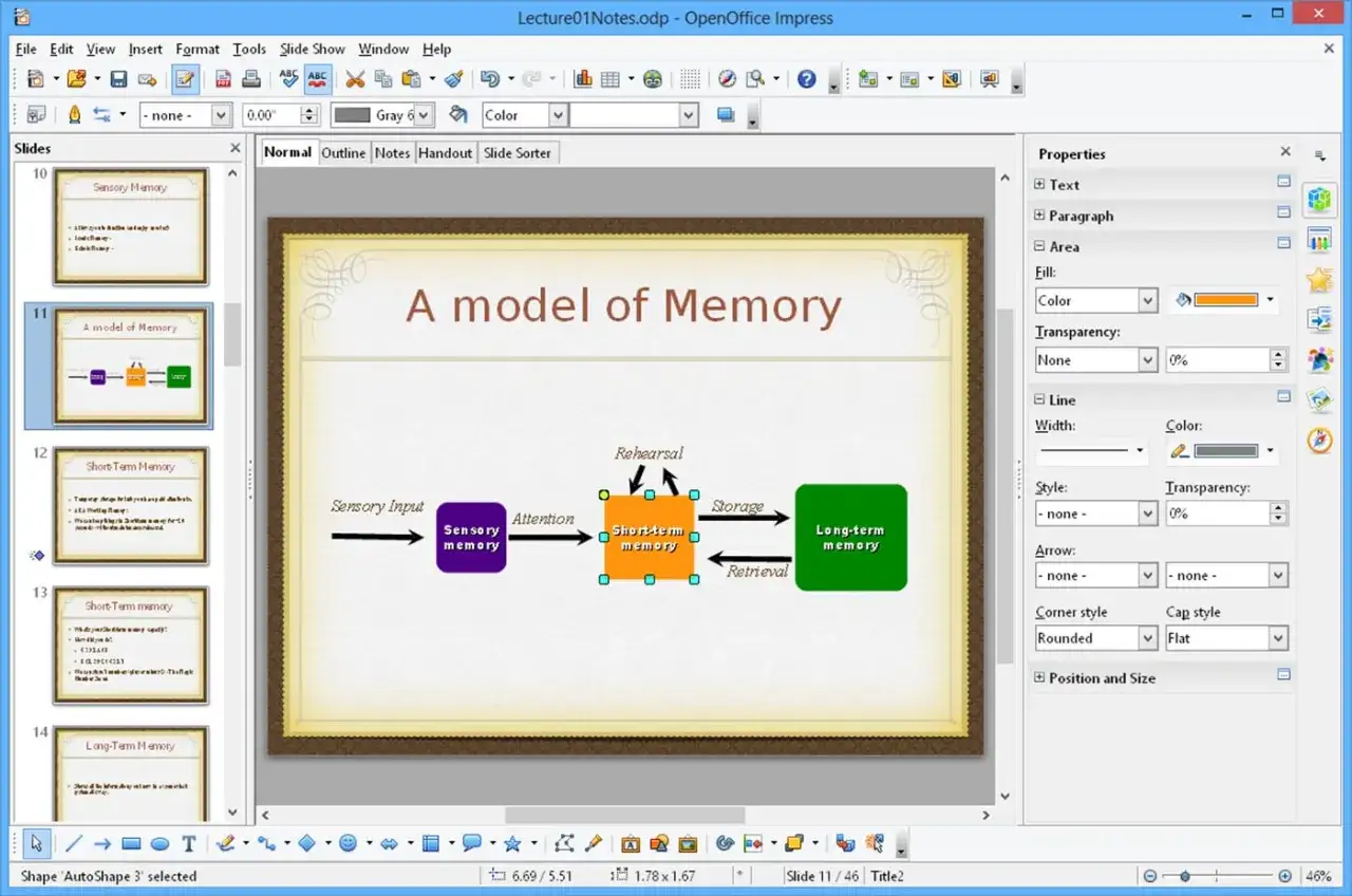 Un étudiant utilise OpenOffice Impress pour créer une présentation sur le modèle de la mémoire, illustrant les étapes de la mémoire sensorielle à la mémoire à long terme.