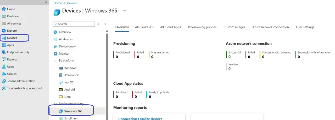 Interface de gestion des appareils pour Microsoft 365 pour le web, affichant les statuts de provisionnement et de connexion réseau.