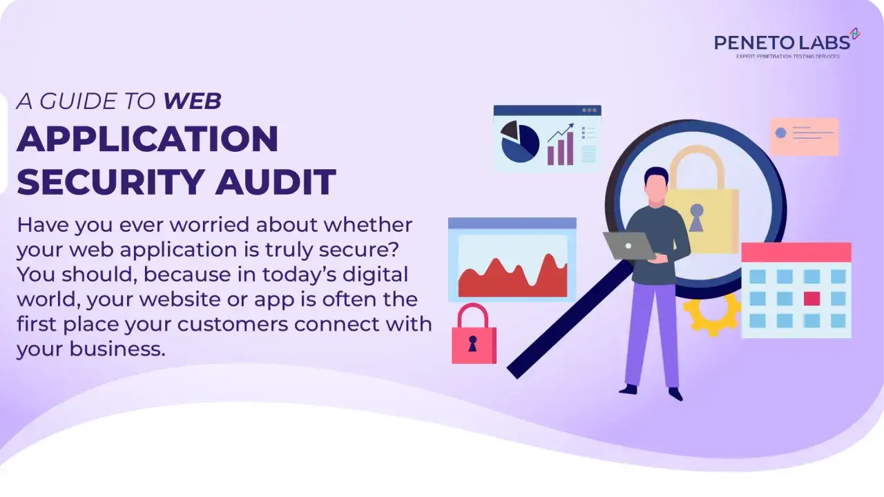 Illustration d'un audit sécurité web : un homme examine un cadenas géant sous une loupe, symbolisant la protection des applications.