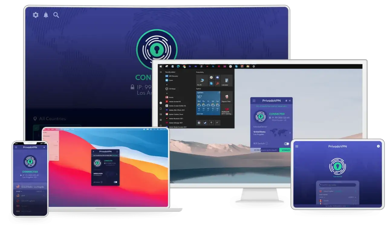 Plusieurs appareils affichent l'interface d'un client VPN, dont un vpn ipsec client, connectés à des serveurs dans le monde entier.