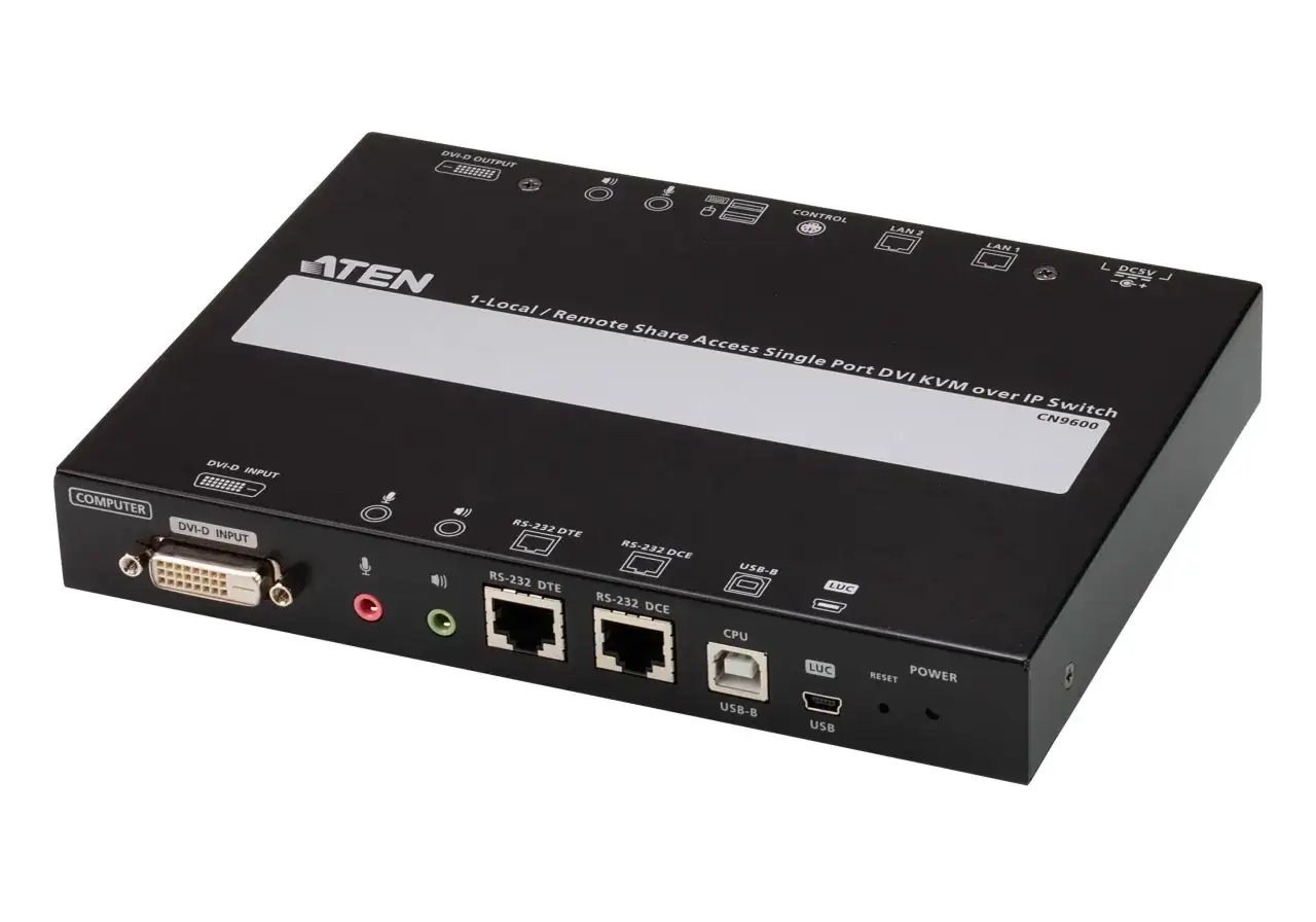 Boîtier noir ATEN CN9600, un KVM réseau DVI pour accès local/distant. Ports DVI, USB, RS-232 et LAN.