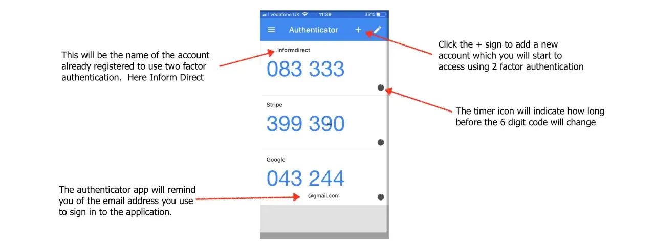 Application Authenticator affichant des codes &agrave; usage unique Microsoft pour Inform Direct, Stripe et Google. Le '+' permet d'ajouter un compte.