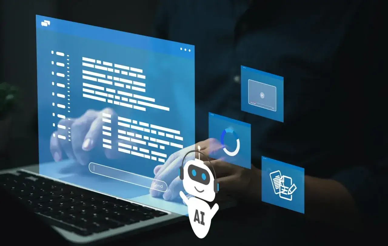 Un robot IA interagit avec des interfaces numériques, optimisant les processus de rpa finance.