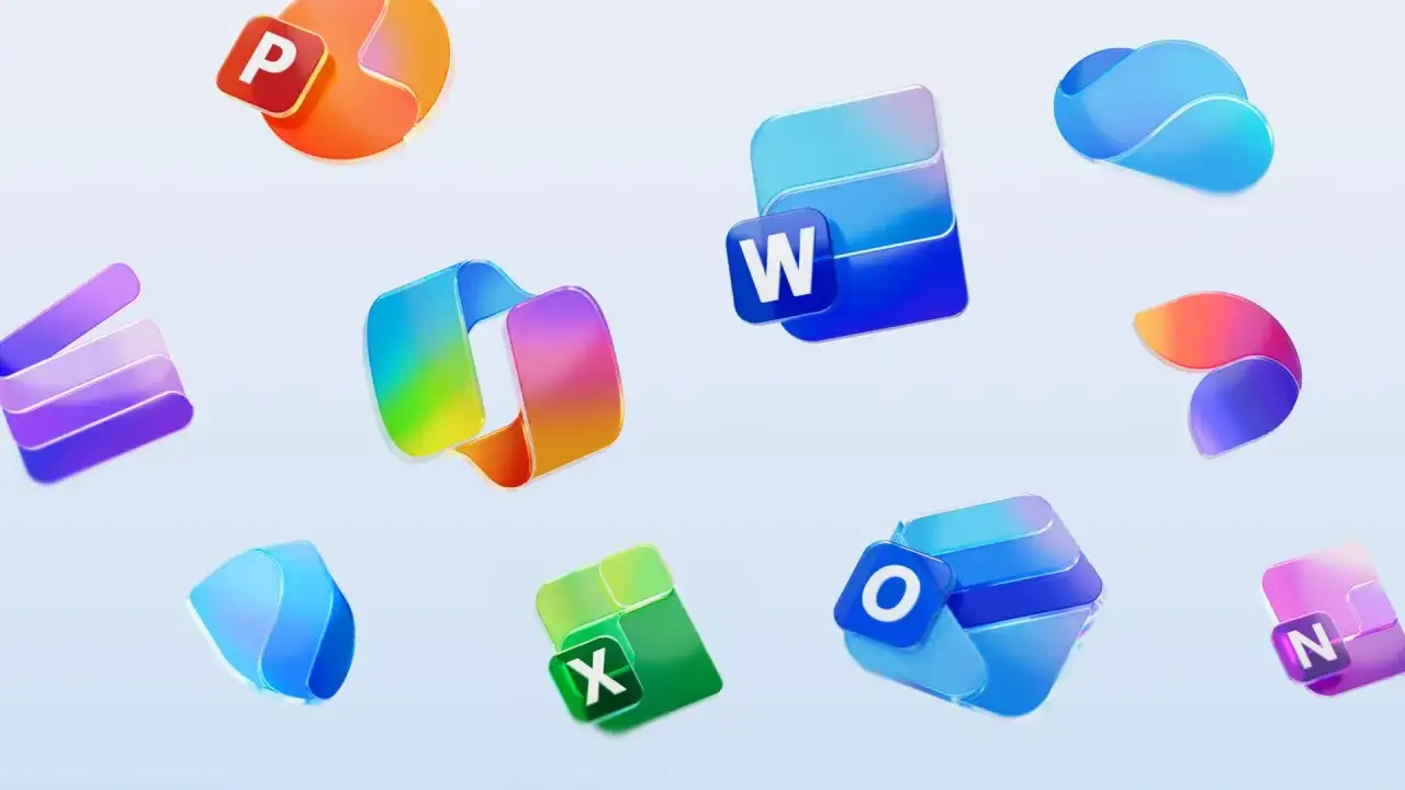 Icônes colorées de Microsoft Office (Word, Excel, PowerPoint, Outlook, etc.) flottant, symbolisant la migration vers Office 365.