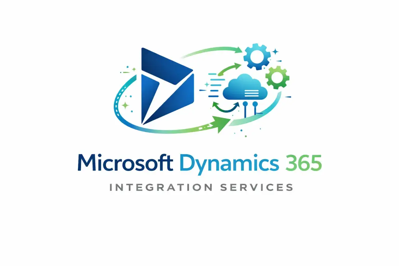 Logo Microsoft Dynamics 365, un CRM cloud avec engrenages et flèches vertes, symbolisant l'intégration des services.