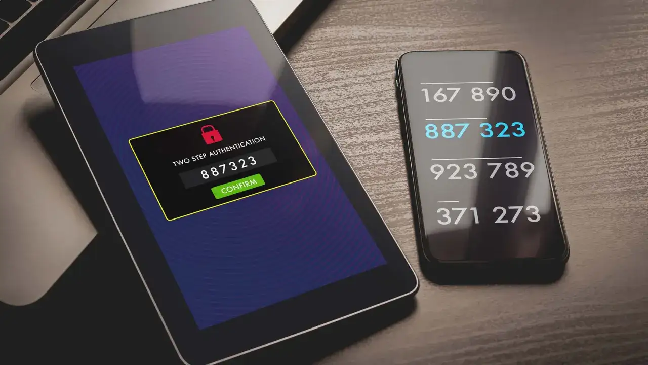 Tablette affichant un code MFA pour authentification à deux facteurs. Un smartphone à côté montre une liste de codes, dont celui affiché sur la tablette.