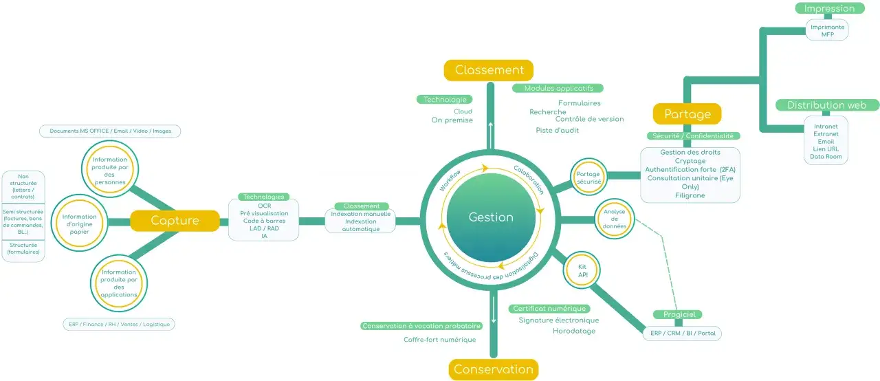 Sch&eacute;ma illustrant un plan de classement d'entreprise exemple : capture, gestion, partage, conservation, impression et distribution web.