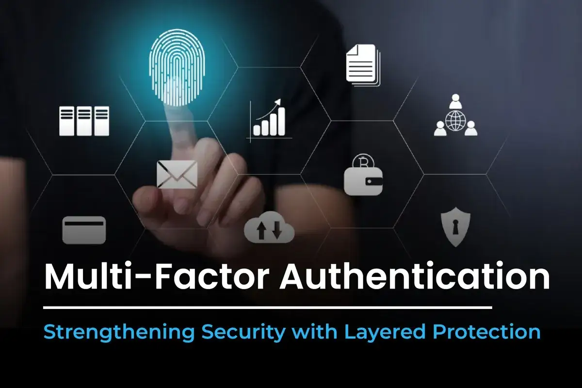 Main d'une personne touchant une empreinte digitale lumineuse, entourée d'icônes symbolisant la sécurité et la protection des données. La mfa authentification renforce la cybersécurité.