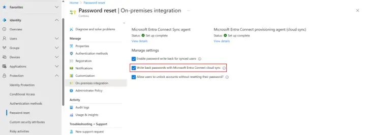 Paramètres de réinitialisation de mot de passe Azure AD : activation de la synchronisation des mots de passe avec Microsoft Entra Connect cloud sync.