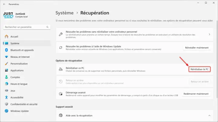 Interface de récupération de Windows 11, avec l'option "Réinitialiser le PC" mise en évidence pour une réinstallation.