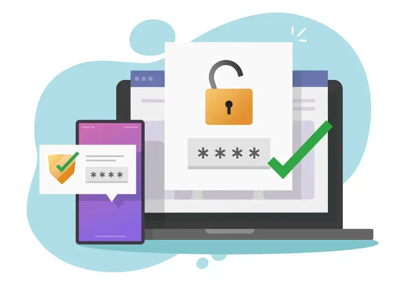 Sécurité renforcée : un cadenas ouvert et des étoiles pour le mot de passe sur un écran d'ordinateur, avec un téléphone affichant un code et un bouclier. Fin des demandes de mot de passe intempestives Office 365.